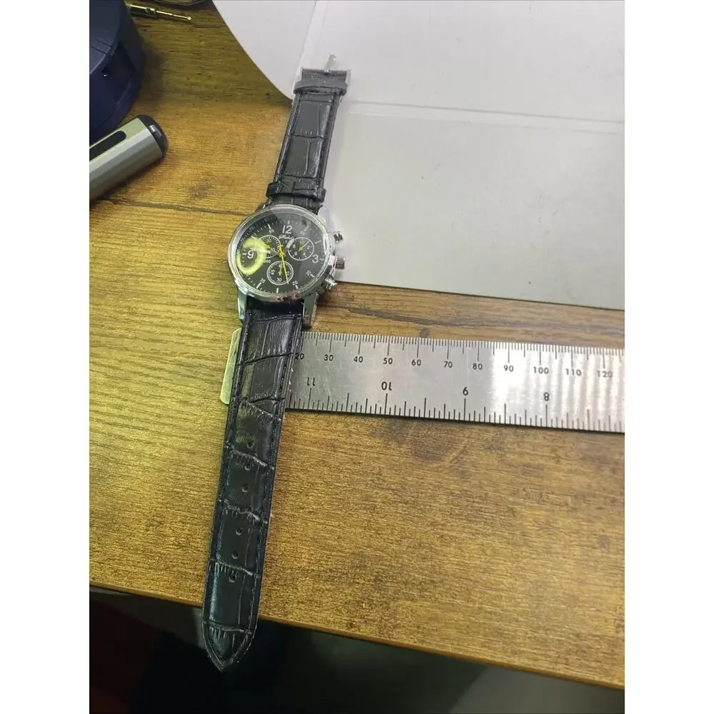 Mens Silver Black Band Watch Works New Battery
